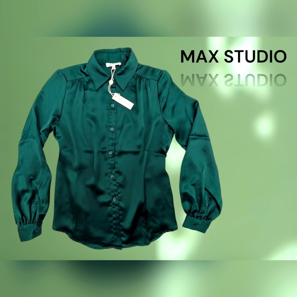 MAX STUDIO Emerald Green Blouse Polyester Women's Long Sleeve Size XS - Picture 17 of 17